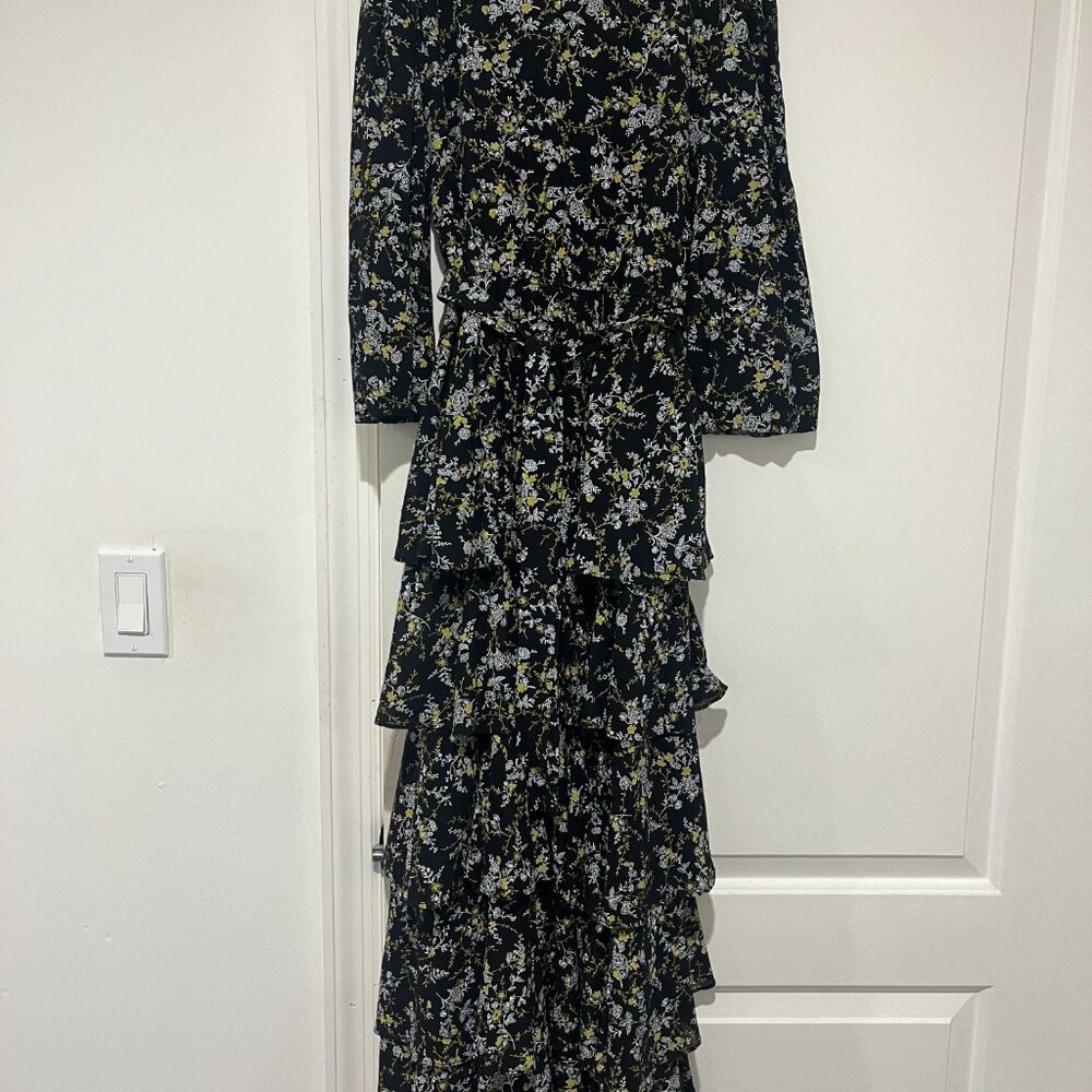 Women's black and yellow tiered midi dress